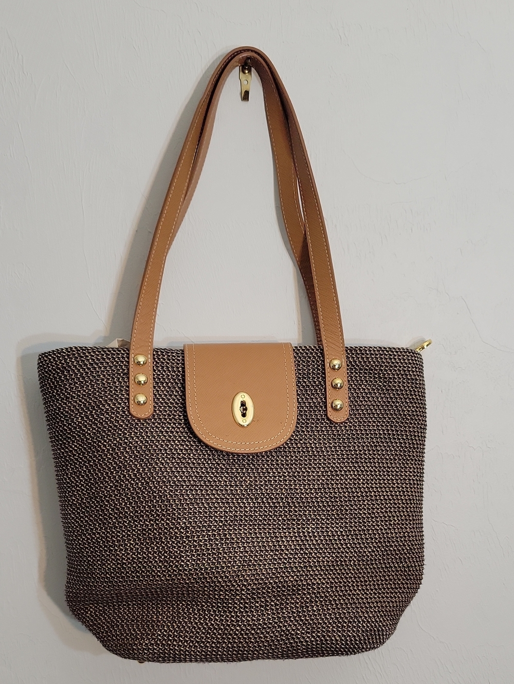 Vintage Eric Javits Brown Woven Tote with Tan Trim and Gold Missing Turn Lock